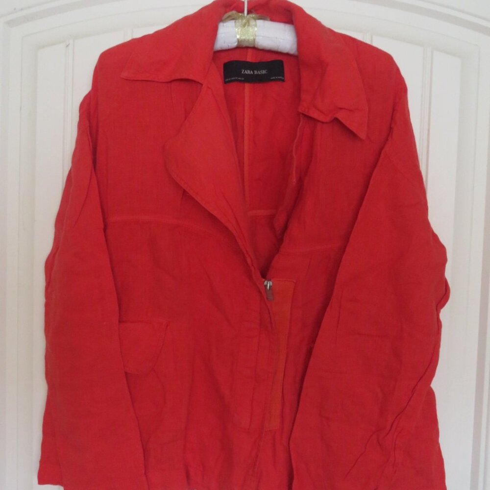 ZARA Red Linen Blazer Jacket Zip Front & Belt XS (K471)